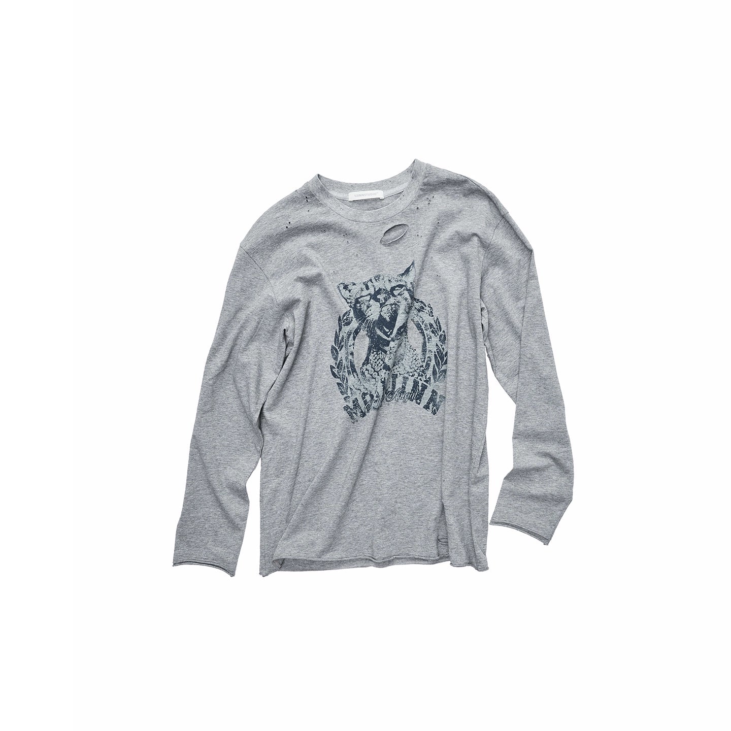 Vintage Cat &amp; Dog Print Distressed Long-Sleeve Tee