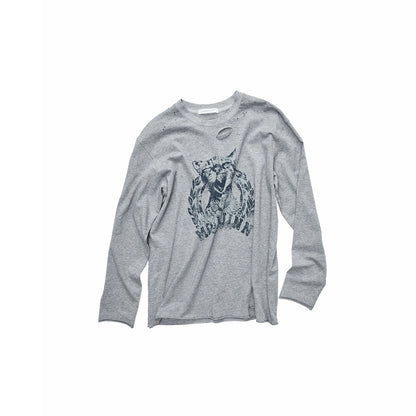 Vintage Cat &amp; Dog Print Distressed Long-Sleeve Tee