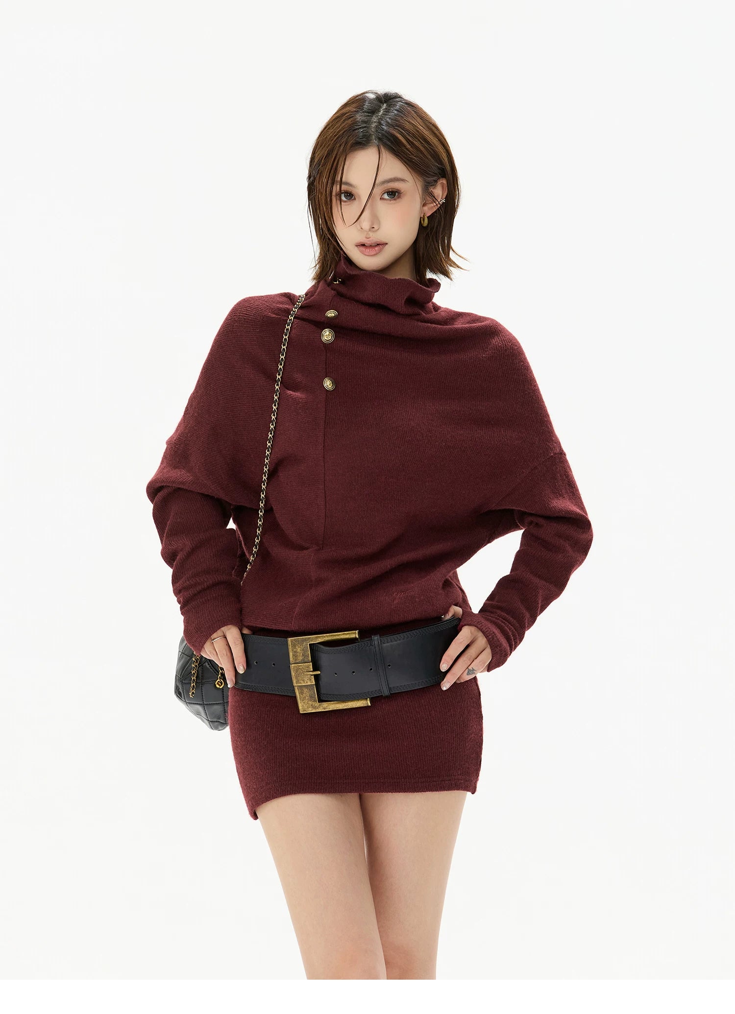 Cowl-Neck Batwing Sleeve Knit Mini Dress