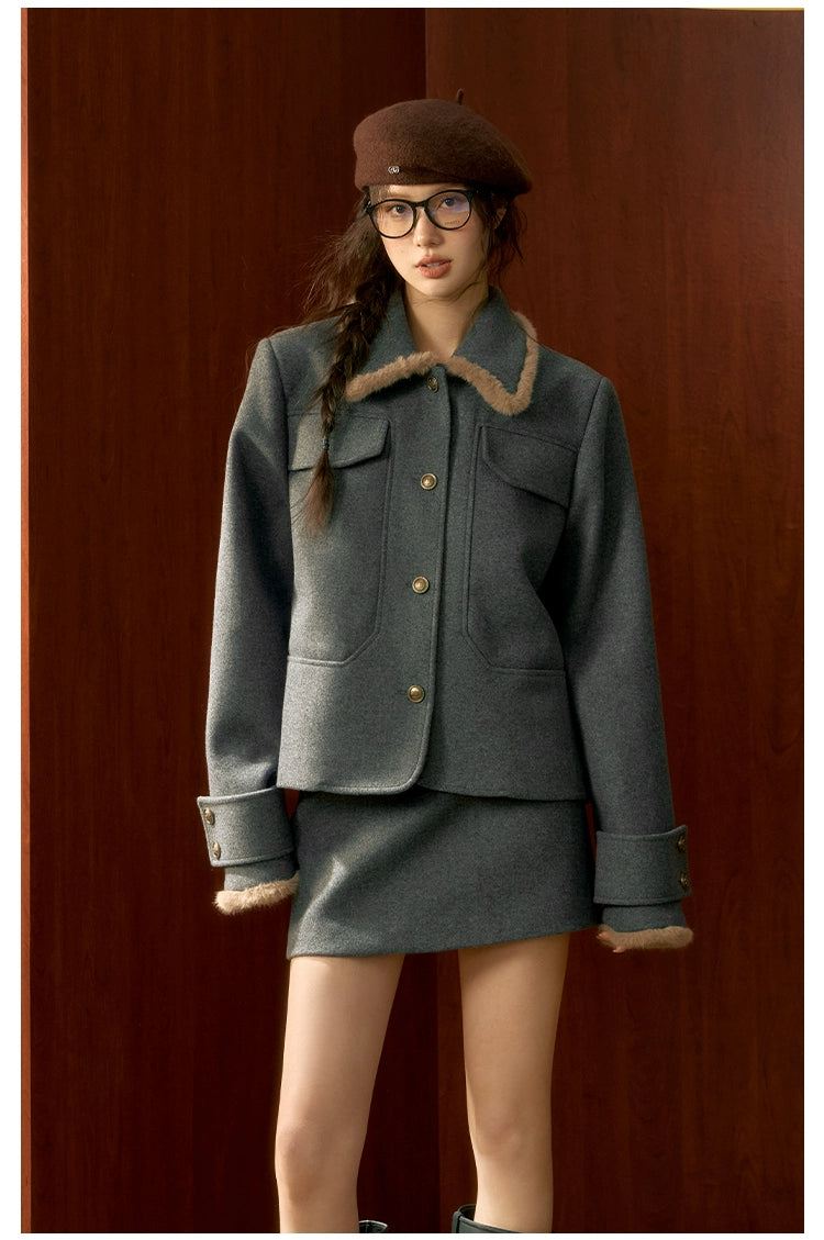 Gray Wool Velvet Jacket &amp; Skirt Set - CHINASQUAD