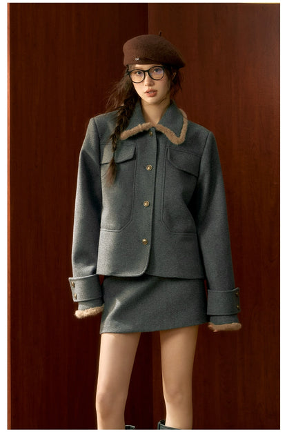 Gray Wool Velvet Jacket &amp; Skirt Set - CHINASQUAD