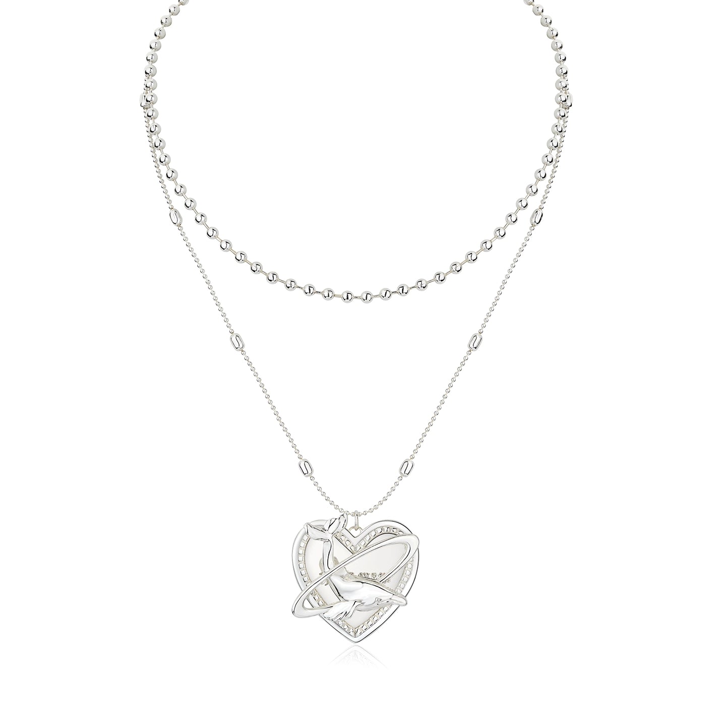 Silver Double-Layer Whale Heart Pendant Necklace