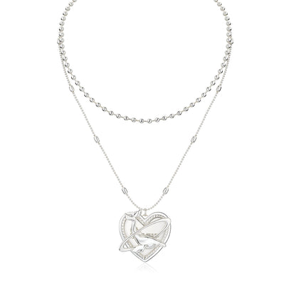 Silver Double-Layer Whale Heart Pendant Necklace