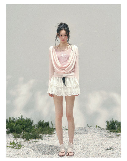 Rose Embroidery Draped Blouse Set