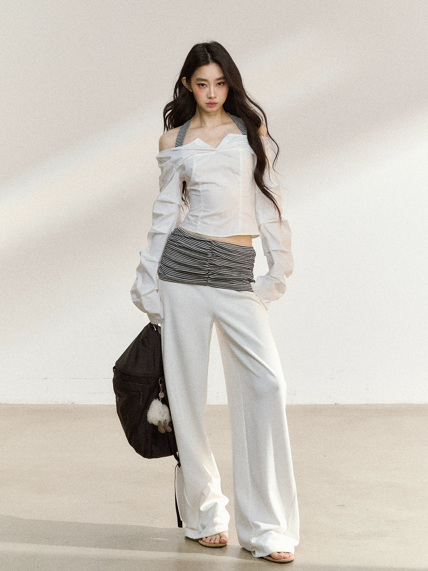 Striped Waist Panel Relaxed Straight-Leg Trousers