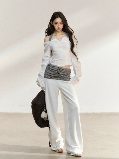 Striped Waist Panel Relaxed Straight-Leg Trousers