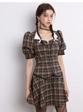 Peter Pan Collar Lace Plaid Bubble Sleeve Dress - CHINASQUAD