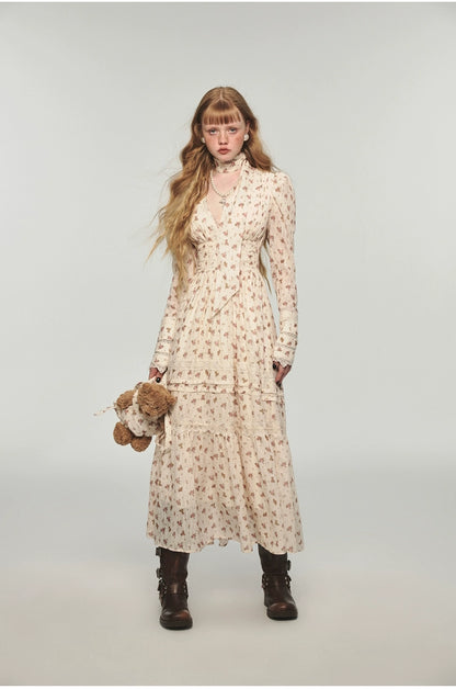 Bear Floral Lace Waist-cinching V-neck Midi Dress - CHINASQUAD