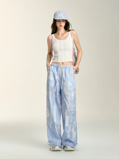 Blue Cloud Stripe Drawstring Pants