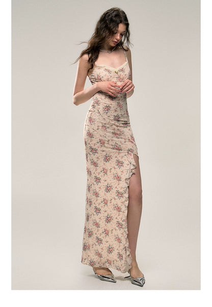 Long Floral Skirt with Waist-cinching and High Slit