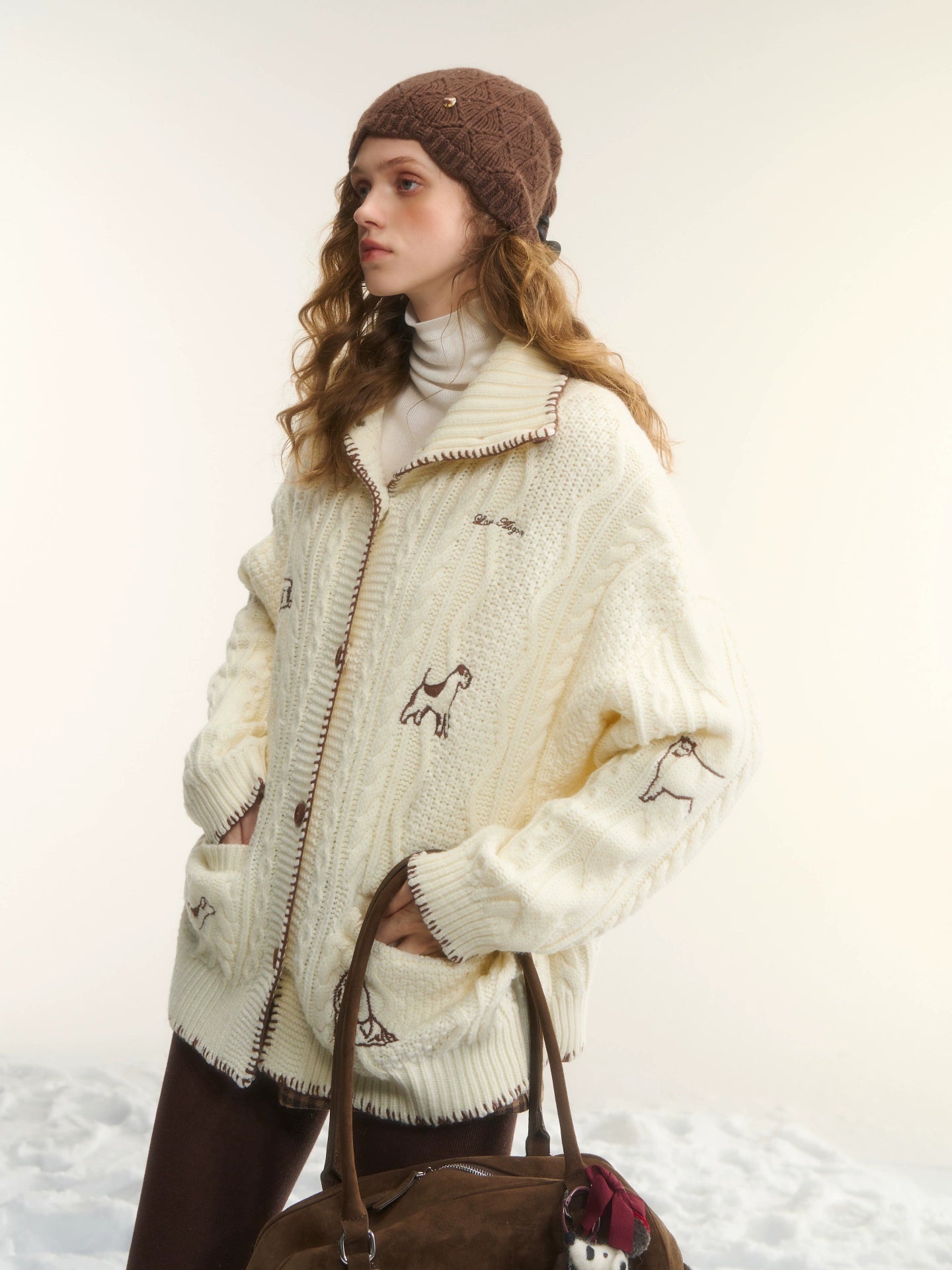 Cable-Knit Stand-Collar Cardigan