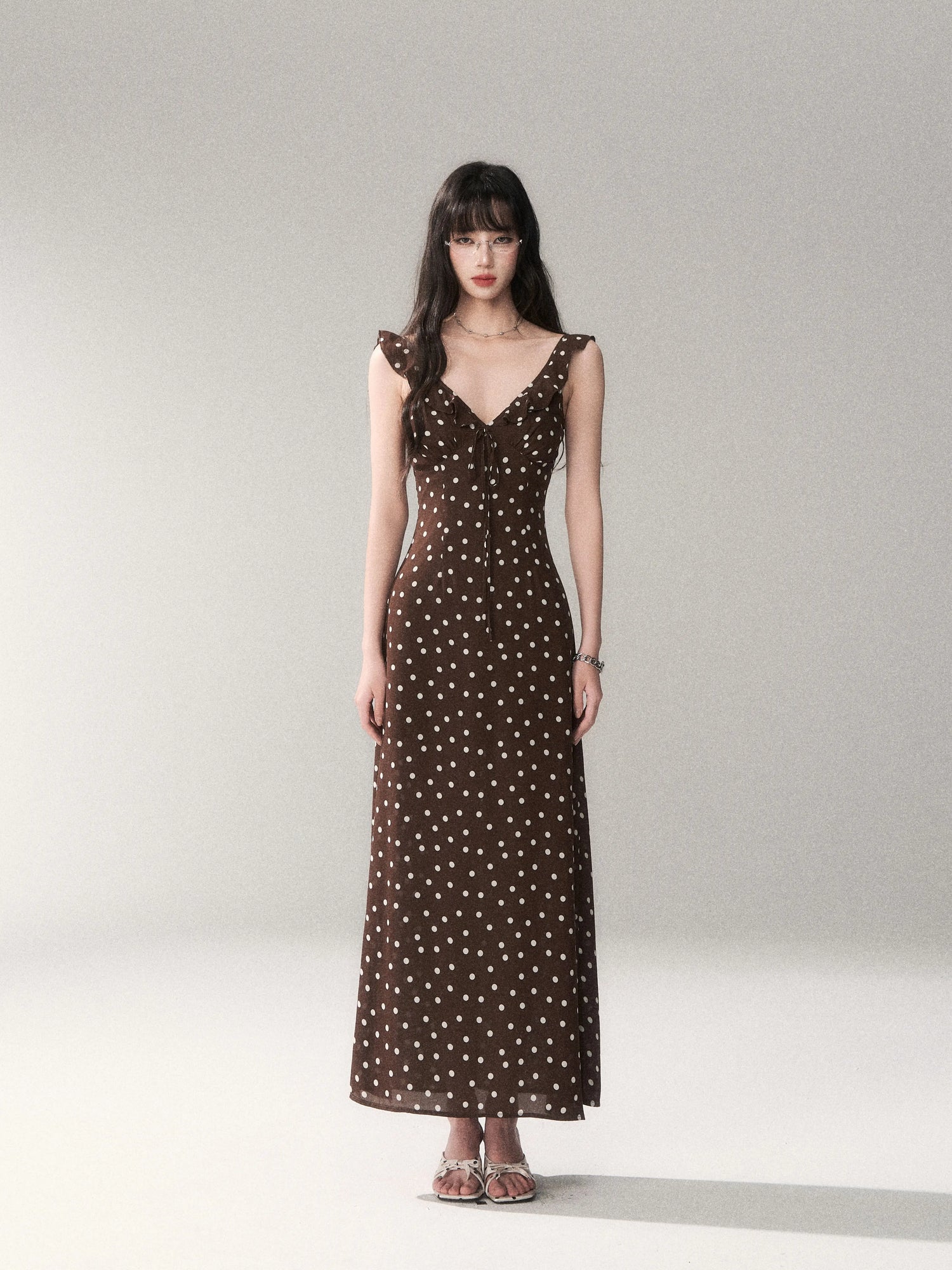 Chocolate Polka Dot French Slim-Fit Slip Maxi Dress