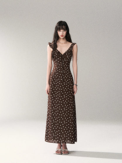 Chocolate Polka Dot French Slim-Fit Slip Maxi Dress