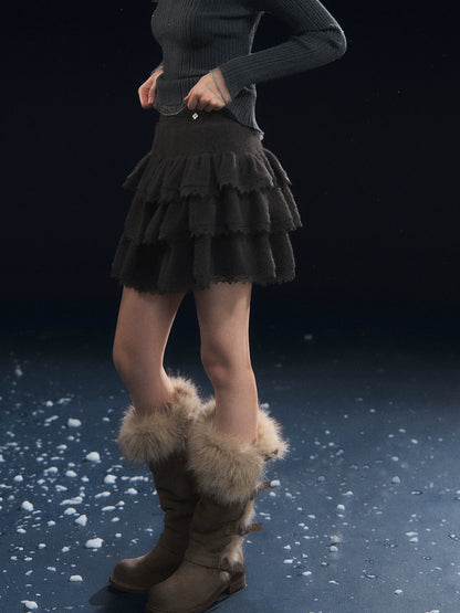 Lace-Panel Velvety Tiered Skirt