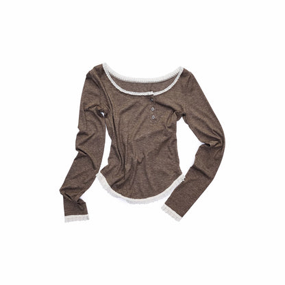 Asymmetric Henley Lace Trim Long Sleeve Top