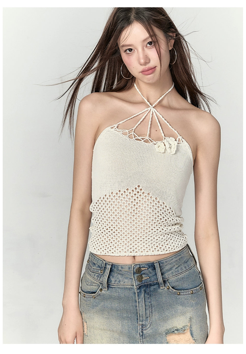 Rose Knitted Hollow Out Spaghetti Strap Tank Top - CHINASQUAD