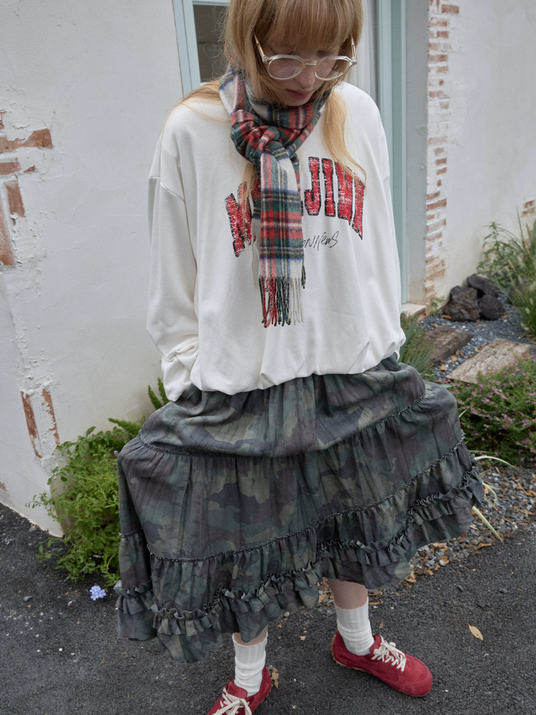 Camouflage Raw-Edge Ruched Layered Skirt