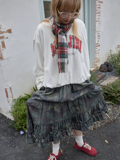 Camouflage Raw-Edge Ruched Layered Skirt