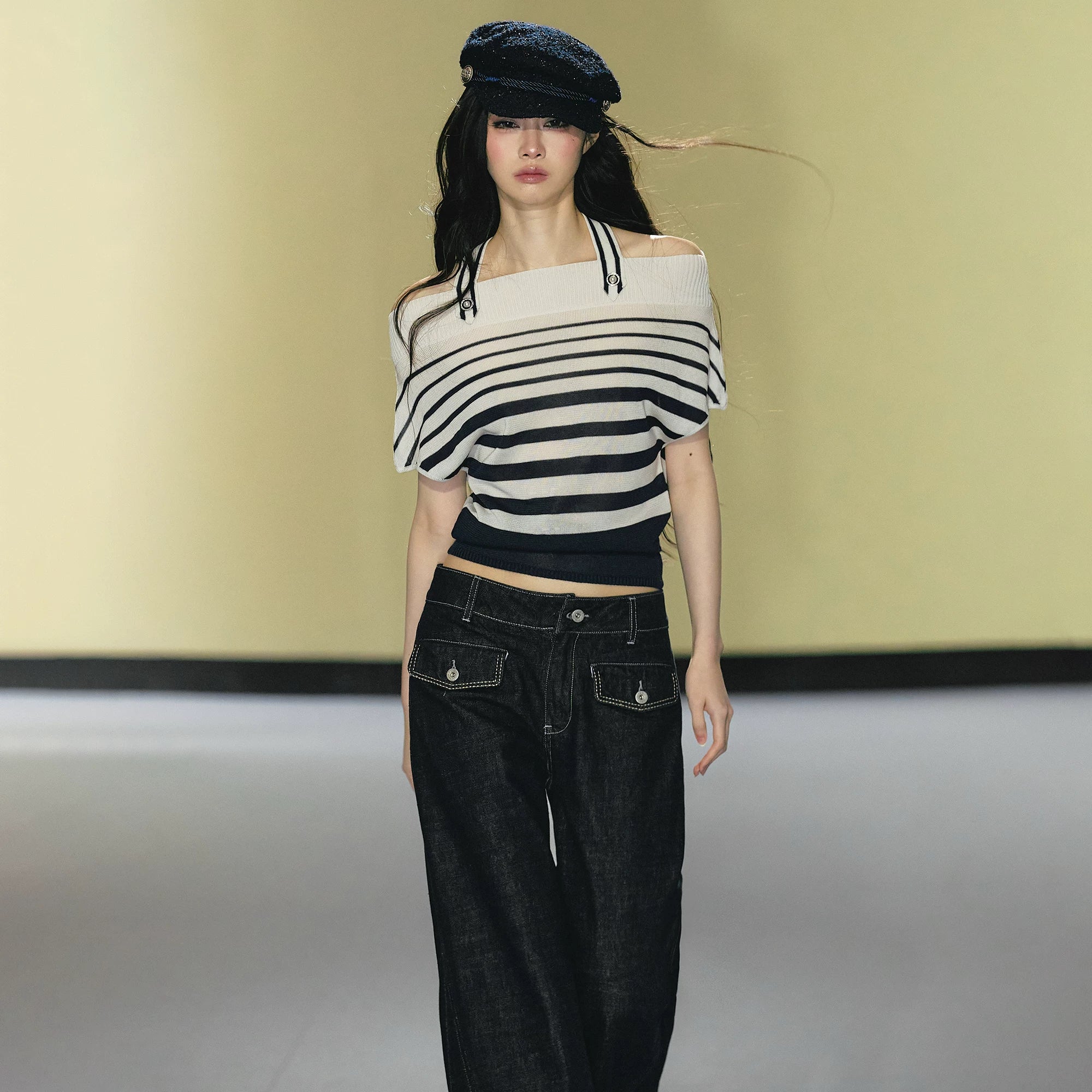 Nautical Stripe Off-Shoulder Halterneck Top