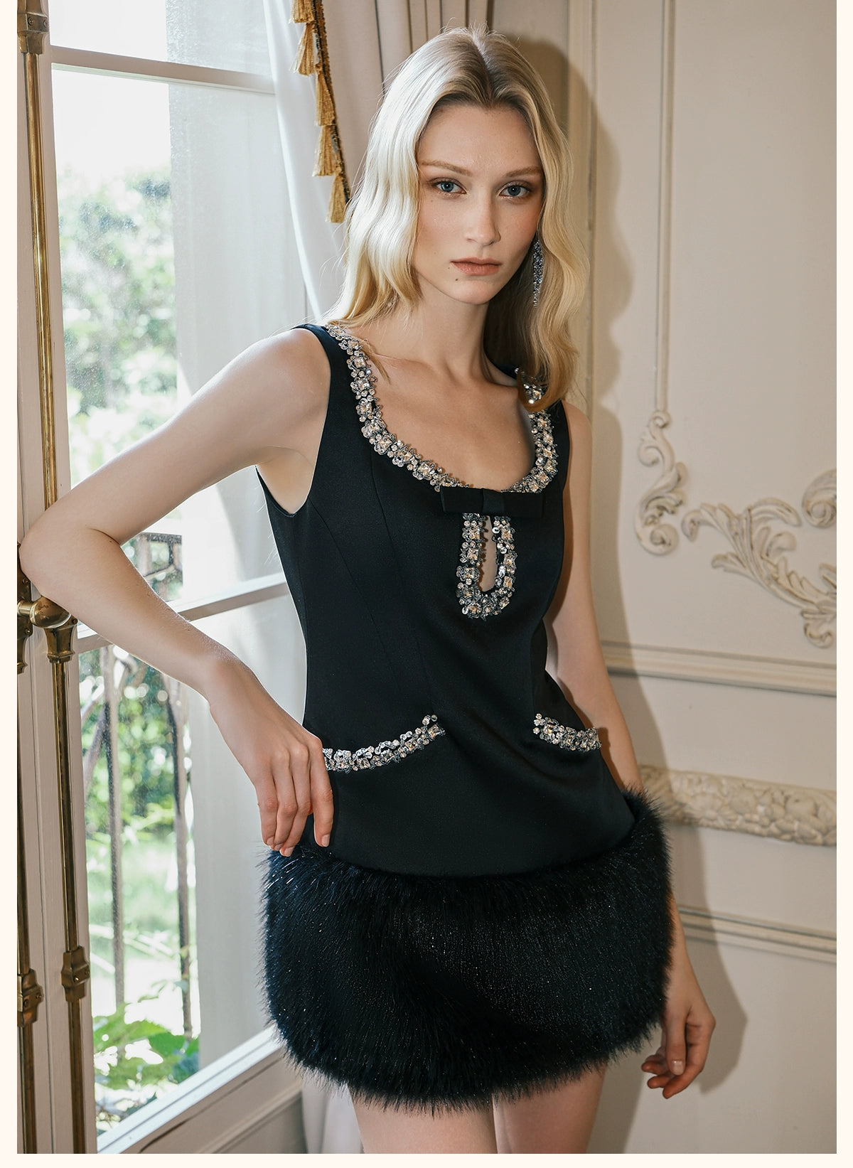 Sable Satin Straight-Cut Faux Fur Dress