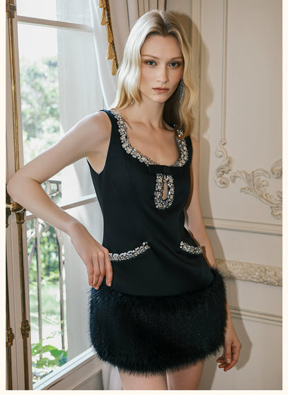 Sable Satin Straight-Cut Faux Fur Dress