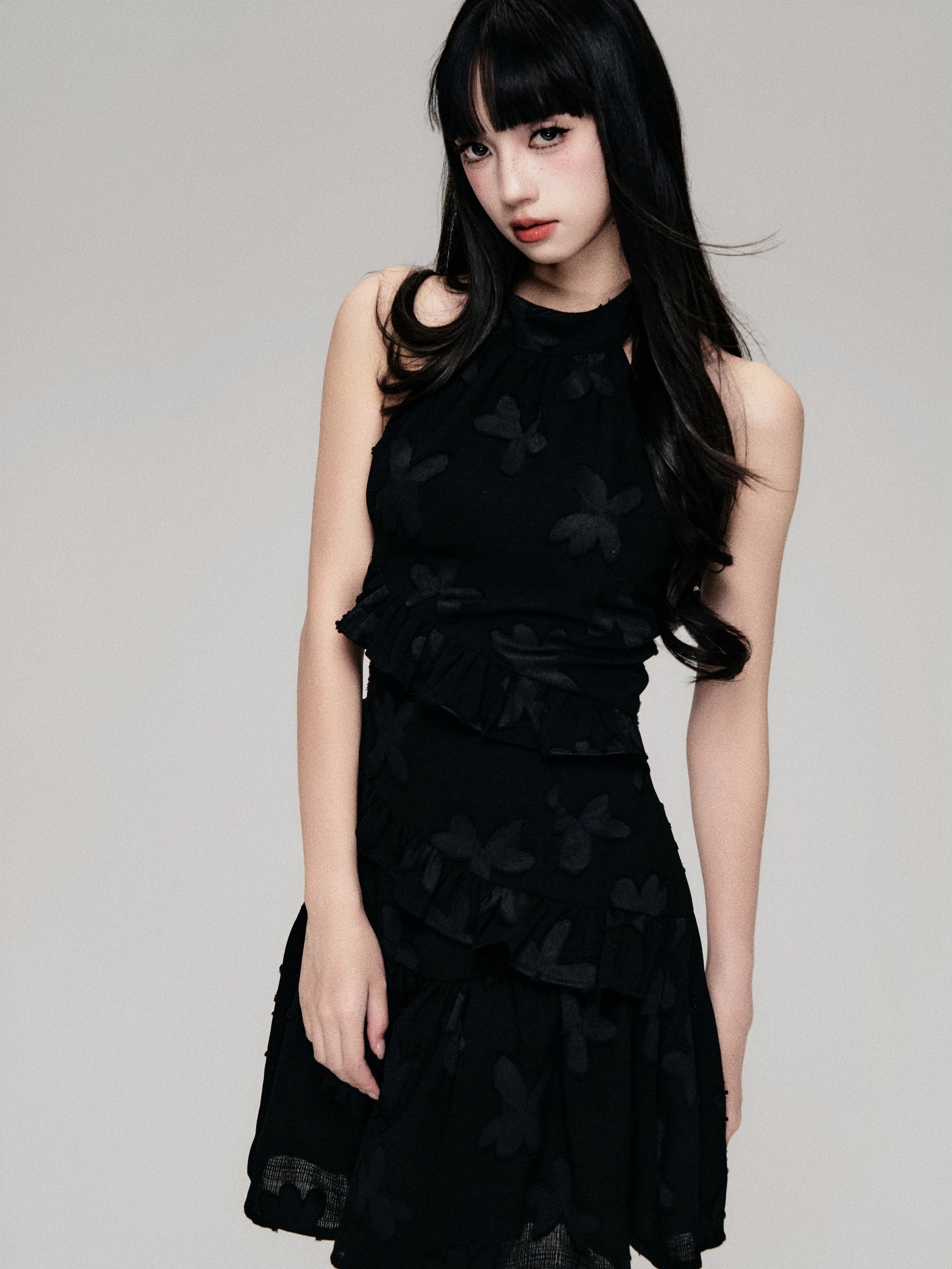 Textured Cut-Out Floral Halter Mini Dress