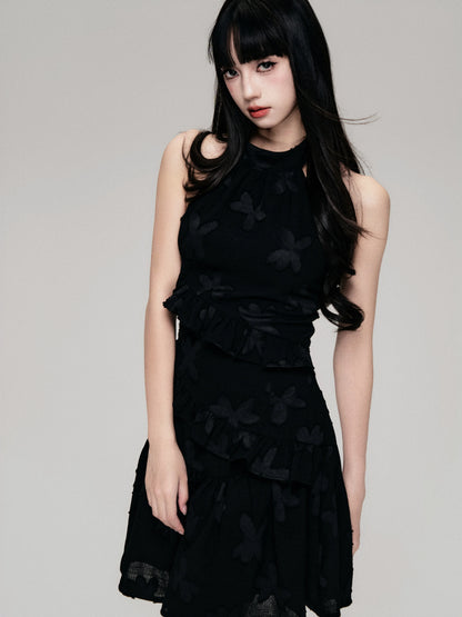 Textured Cut-Out Floral Halter Mini Dress