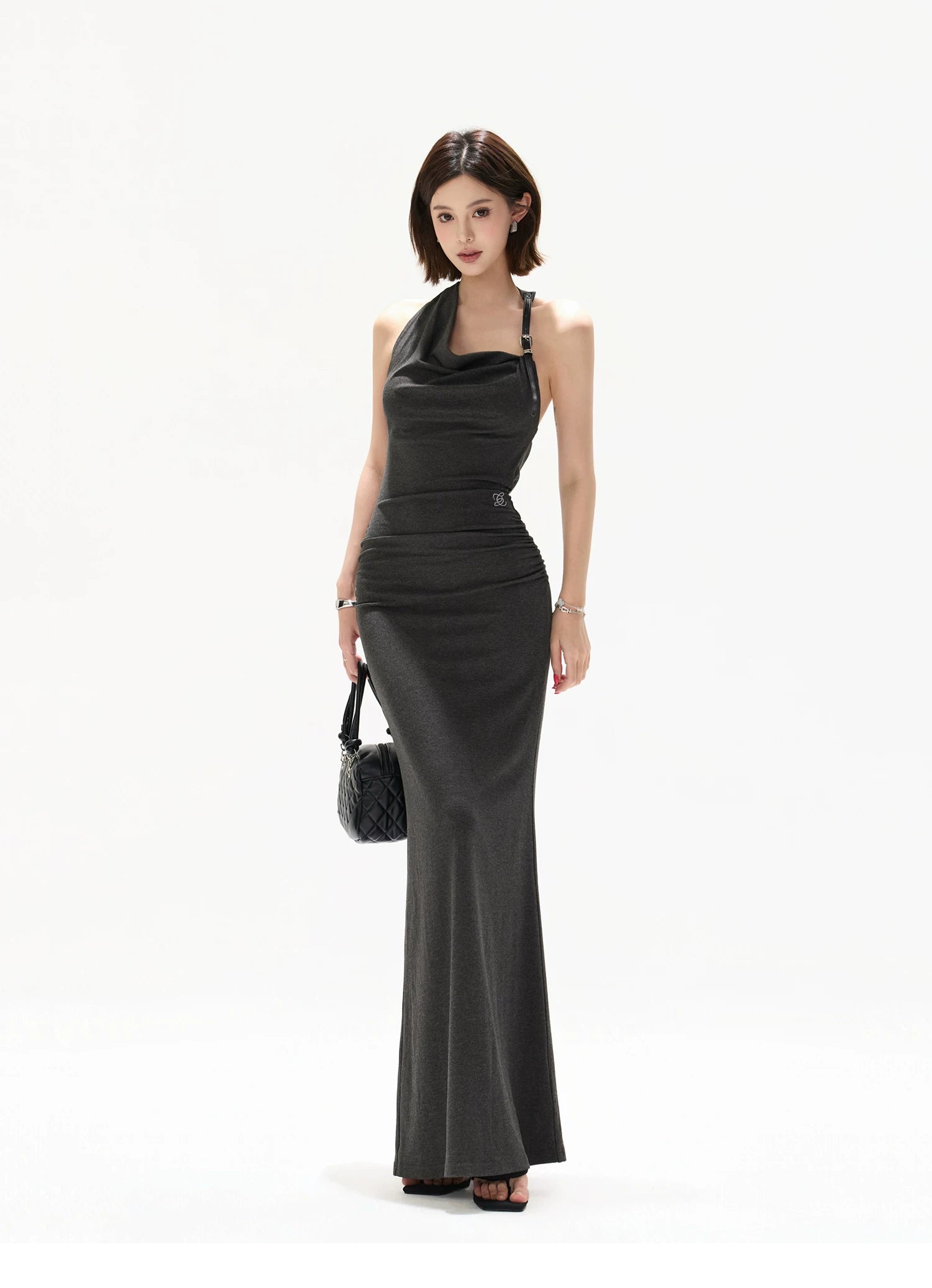 Elegant Draped Halter Knit Maxi Dress