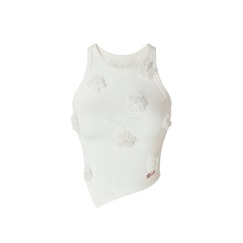 White Beaded Floral Decor Tank Top