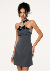 Black & Grey Bowknot Strapless Halterneck Dress - CHINASQUAD