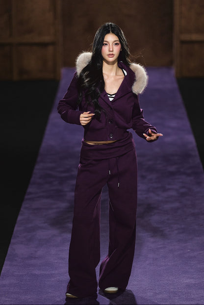 Faux Fur Hooded Cropped Hoodie &amp; Jogger Set