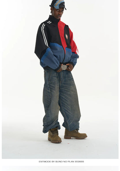 Distressed Cut-Out Color-Block Sport Jacket