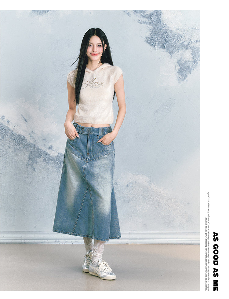 Denim Wave Hem Maxi Skirt - CHINASQUAD