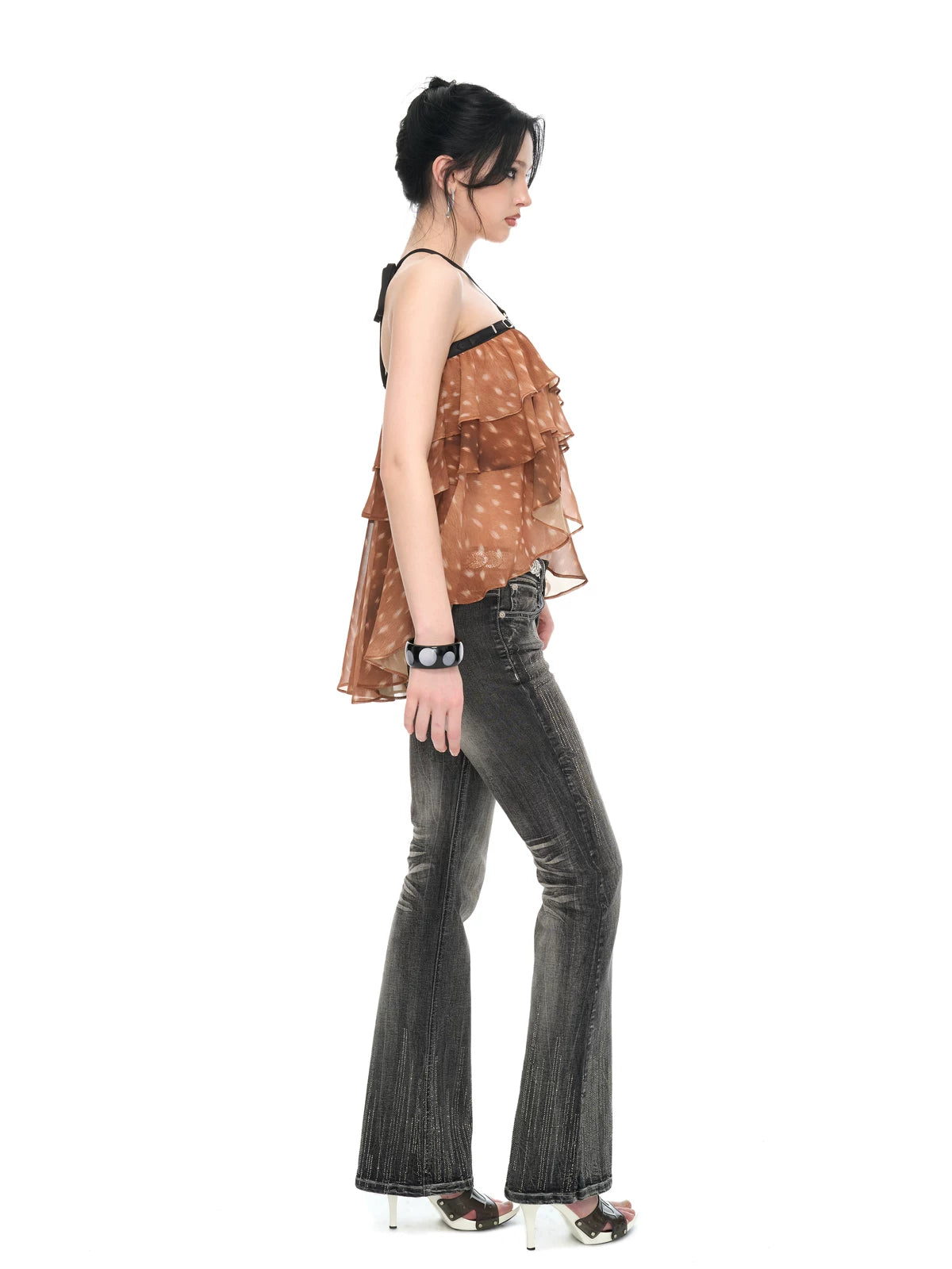 Fawn Print Asymmetric Chiffon Halter Backless Layered Blouse