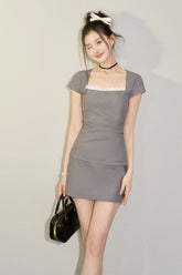 Grey Striped Lace Blouse & Half Skirt Set - CHINASQUAD