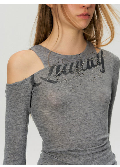 Asymmetric Rhinestone Graphic Cut-Out Slim Fit Top