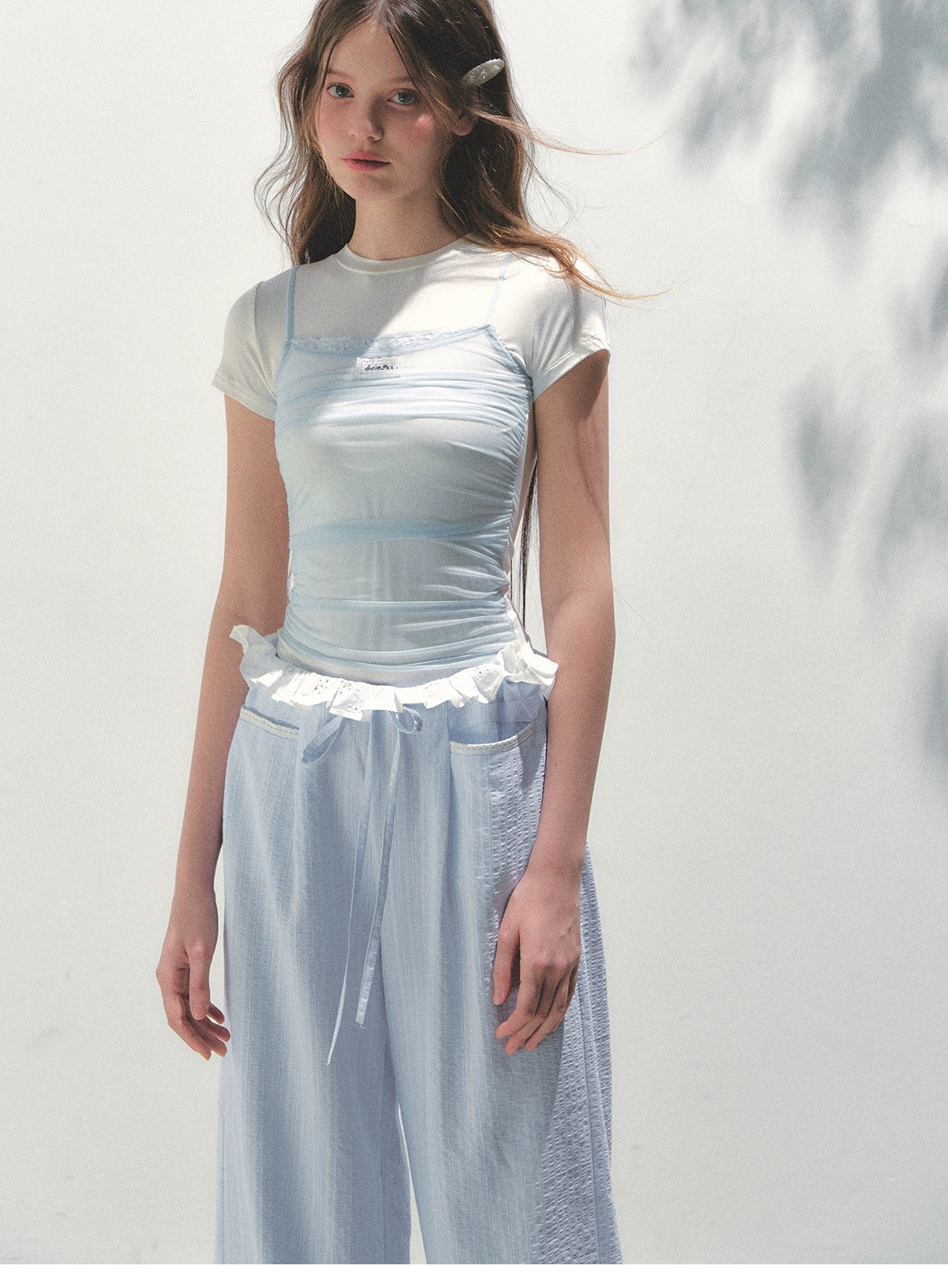 Contrast Color Fake Two-piece Mesh Lace Short-sleeve T-shirt