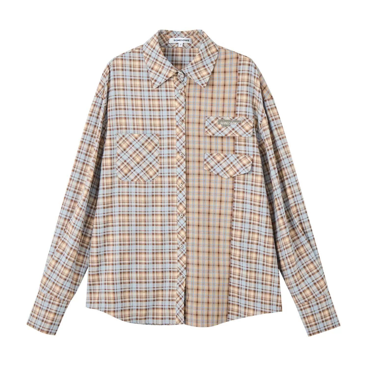 Color-blocked Plaid Oversized Shirt