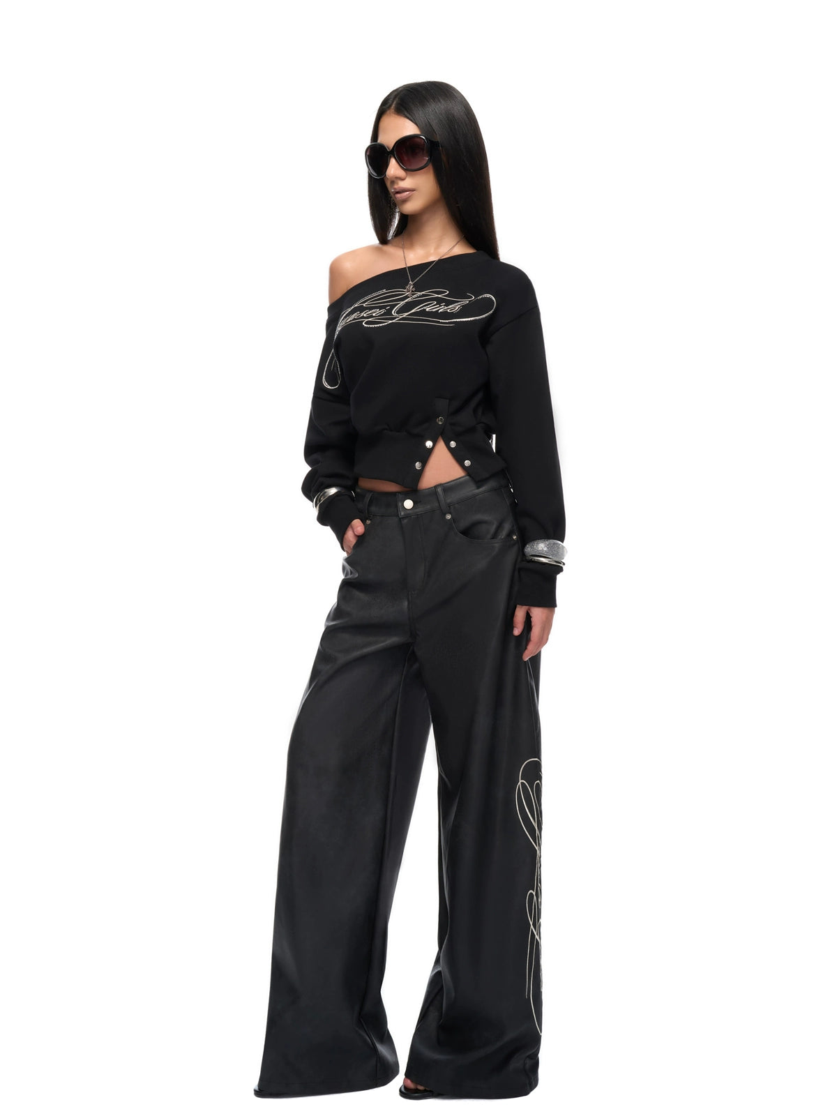 Crop Sweatshirt &amp; Faux Leather Pants Set