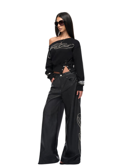 Crop Sweatshirt &amp; Faux Leather Pants Set