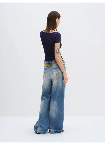 Washed Blue Curved-Leg Wide Denim Jeans