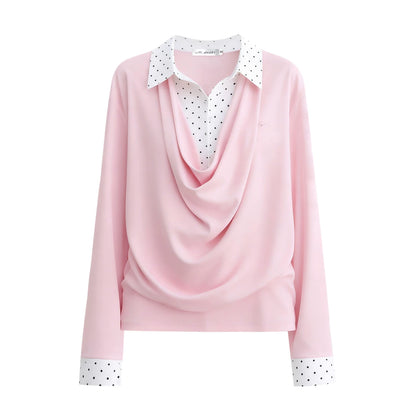 Polka Dot Shirt Panel Faux-Layer Draped Collar Top