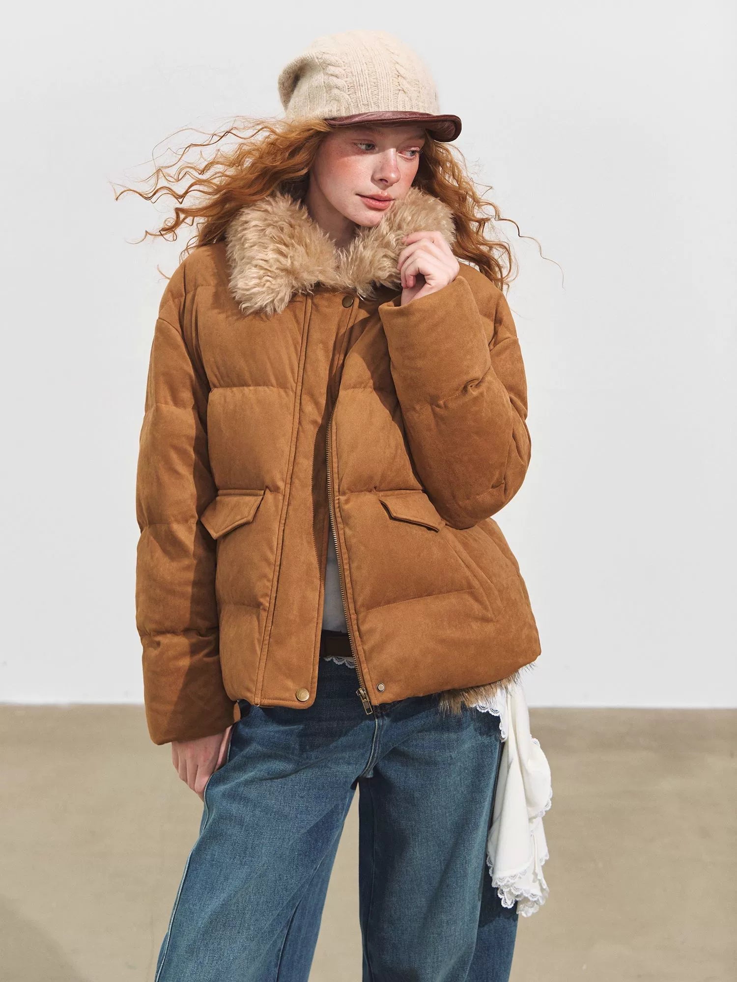 Faux Fur Collar Suede-Panel Down Jacket