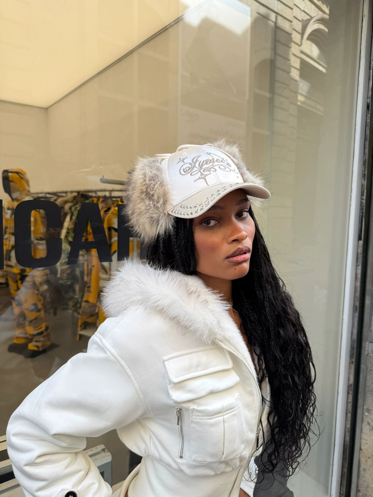 Rhinestone Ear-Flap Furry Baseball Cap