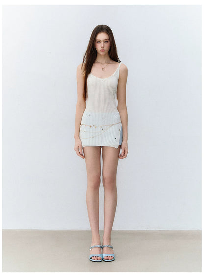Crystal-Embellished Ribbed Knit Side-Slit Camisole Dress