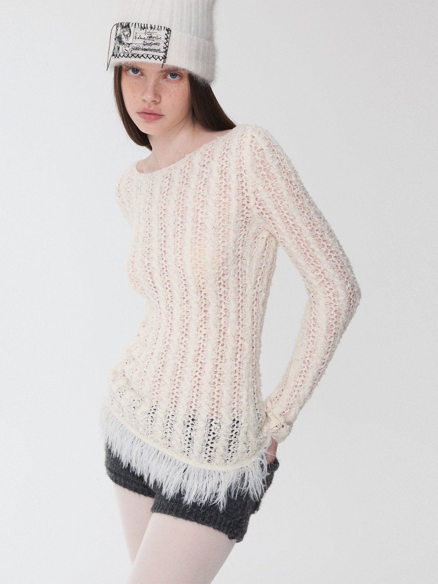 Cable-Knit Faux-Fur Trim Fitted Sweater