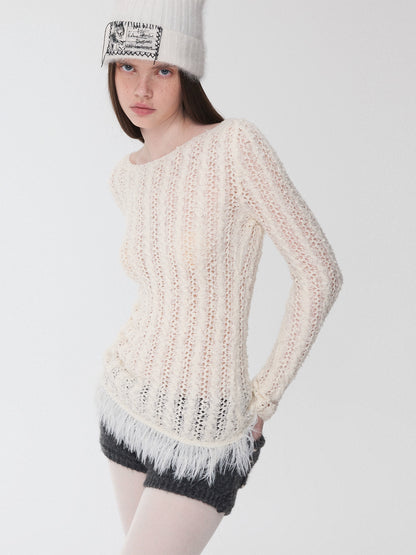 Cable-Knit Faux-Fur Trim Fitted Sweater