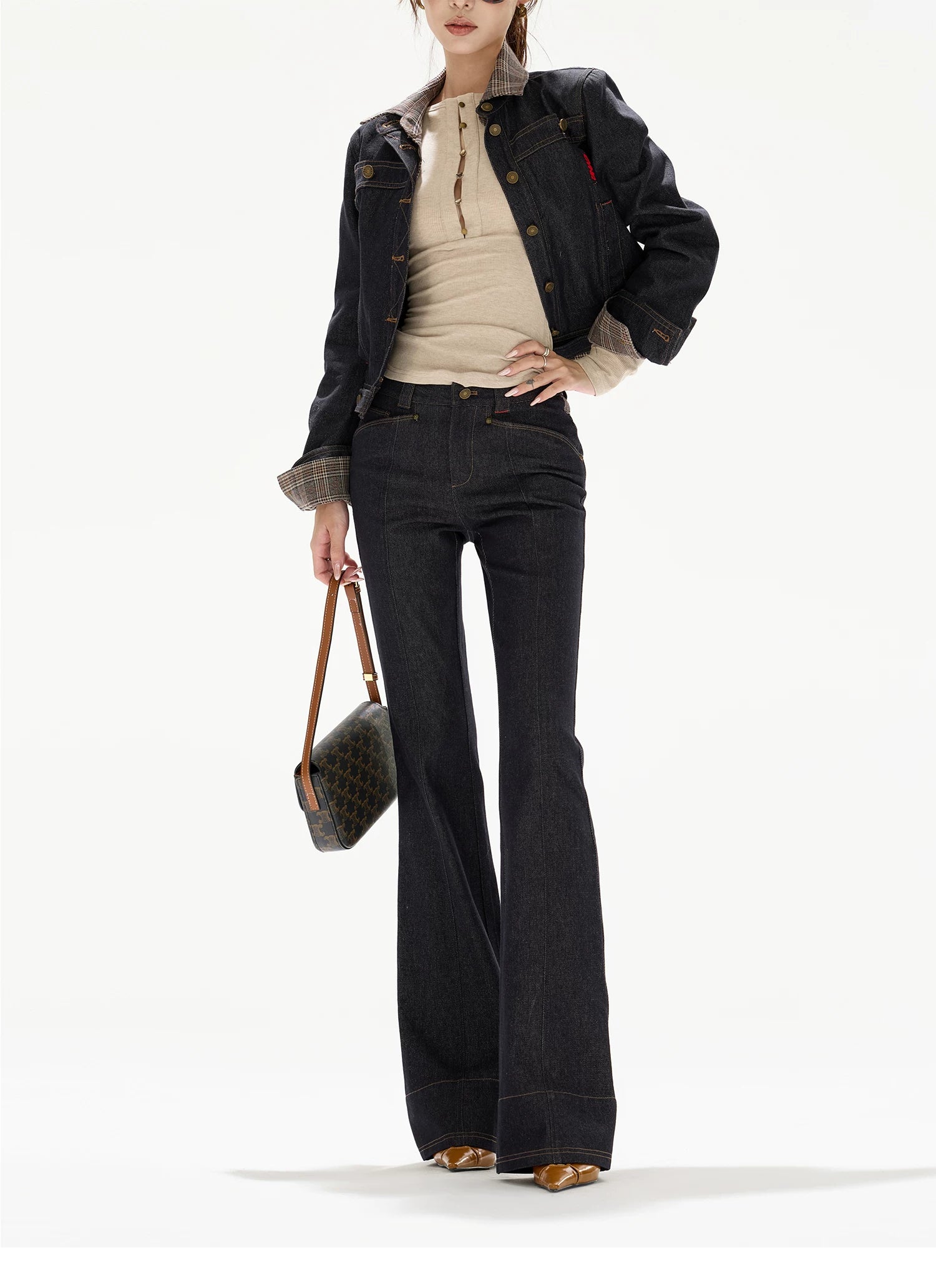 Plaid Mid-Rise Flared Wide-Leg Jeans