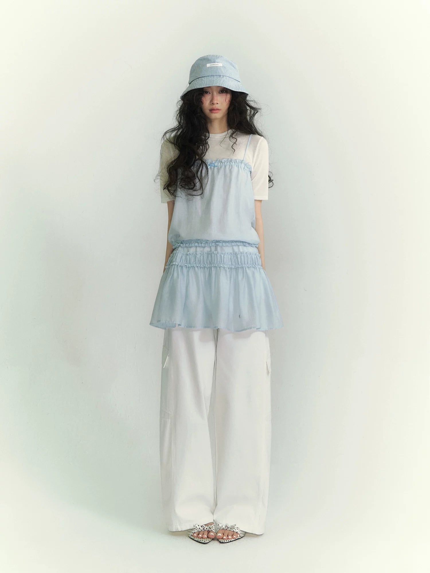 Layered Ruffle Strap Dress &amp; Sheer High-Neck Tee Set