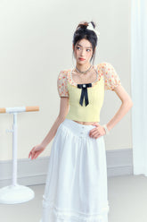 Floral Bubble Sleeve Slim Knitted Top - CHINASQUAD